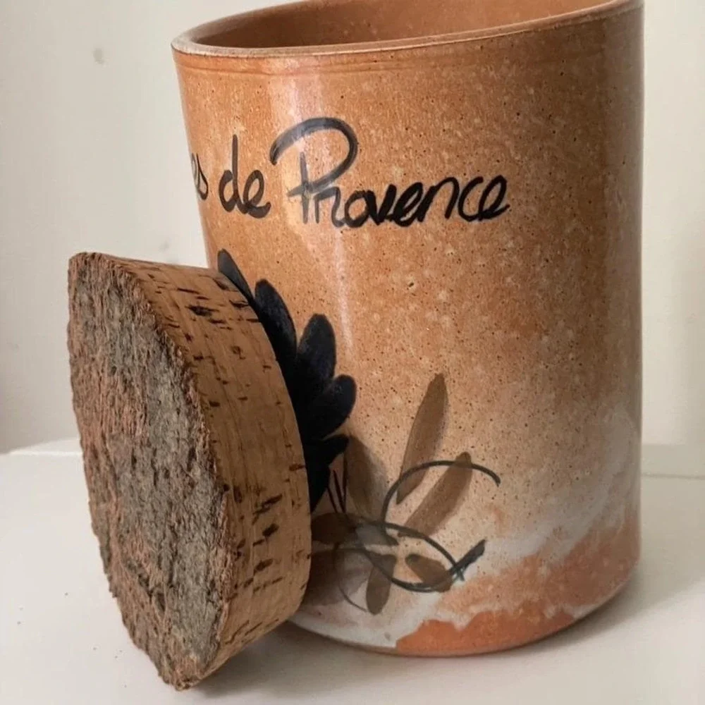 Vintage French Herbes de Provence Ceramic Canister Cork Lid Made in France